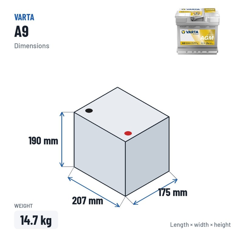 Bateria Start-Stop Varta A9 12V 50Ah 540A AGM – medidas 207 × 175 × 190 mm