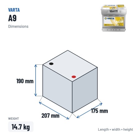 Batterie Start-Stop Varta A9 12V 50Ah 540A AGM – dimensions 207 × 175 × 190 mm