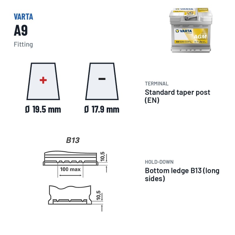 Bateria Start-Stop Varta A9 12V 50Ah 540A AGM – terminal e fixação