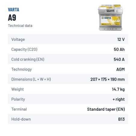 Batterie Start-Stop Varta A9 12V 50Ah 540A AGM – fiche technique