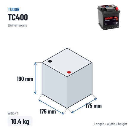 Car battery Tudor TC400 12V 40Ah 320A – dimensions 175 × 175 × 190 mm