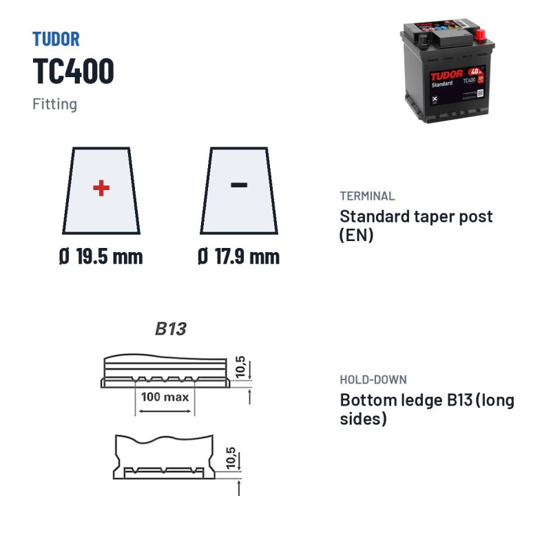 Car battery Tudor TC400 12V 40Ah 320A – terminal and hold-down