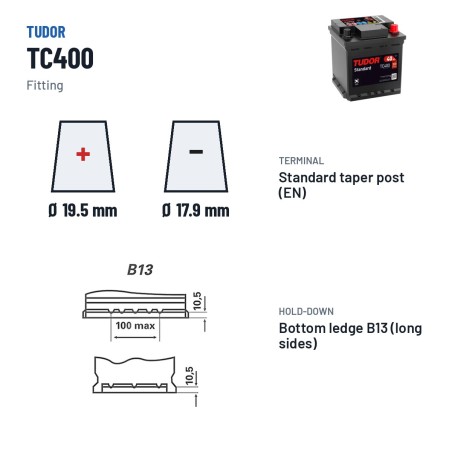 Batterie voiture Tudor TC400 12V 40Ah 320A – bornes et fixation