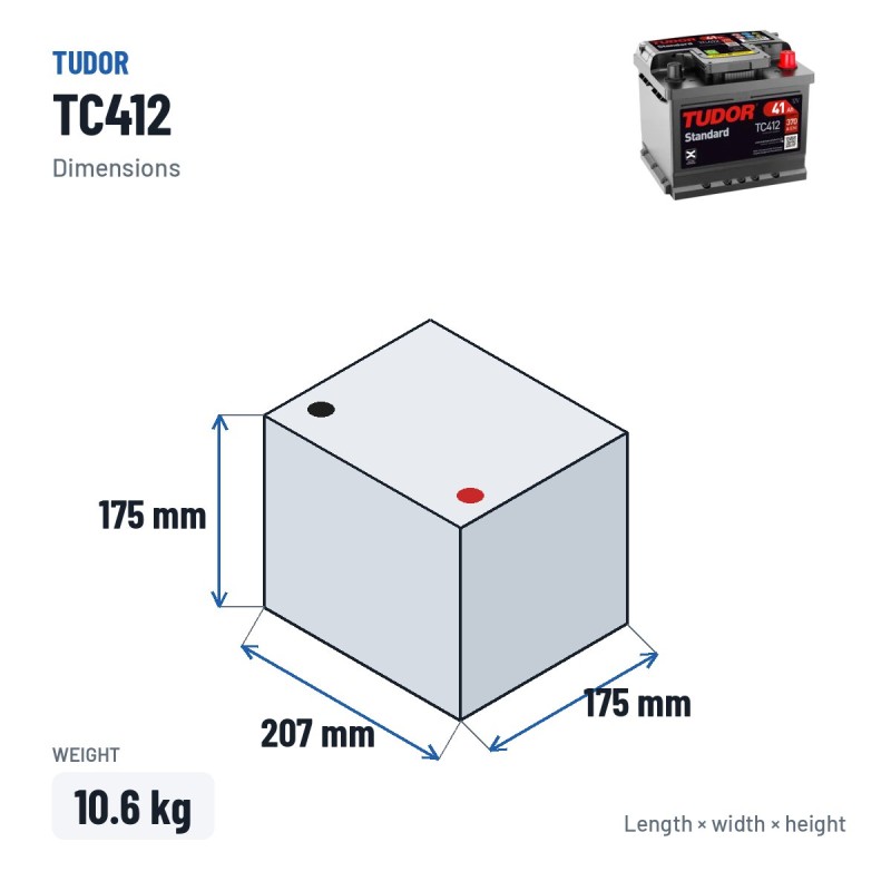 Bateria de carro Tudor TC412 12V 41Ah 370A – medidas 207 × 175 × 175 mm