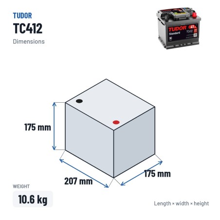 Car battery Tudor TC412 12V 41Ah 370A – dimensions 207 × 175 × 175 mm
