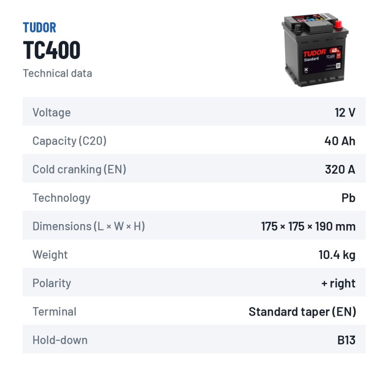 Batterie voiture Tudor TC400 12V 40Ah 320A – fiche technique