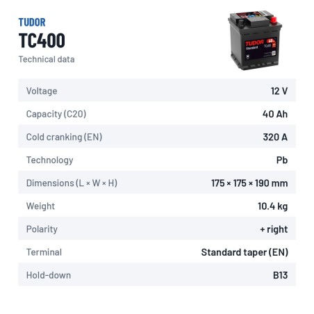 Batterie voiture Tudor TC400 12V 40Ah 320A – fiche technique