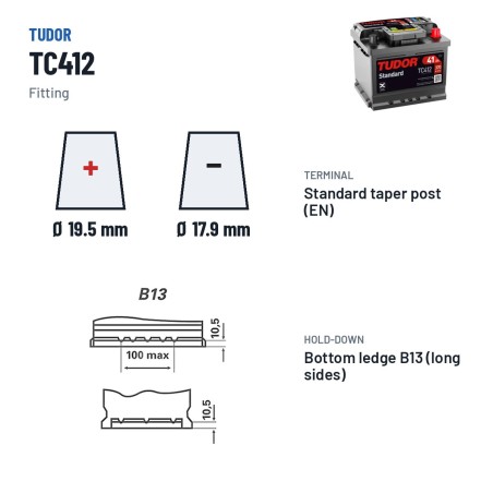 Car battery Tudor TC412 12V 41Ah 370A – terminal and hold-down