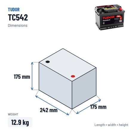 Batteria auto Tudor TC542 12V 54Ah 500A – dimensioni 242 × 175 × 175 mm