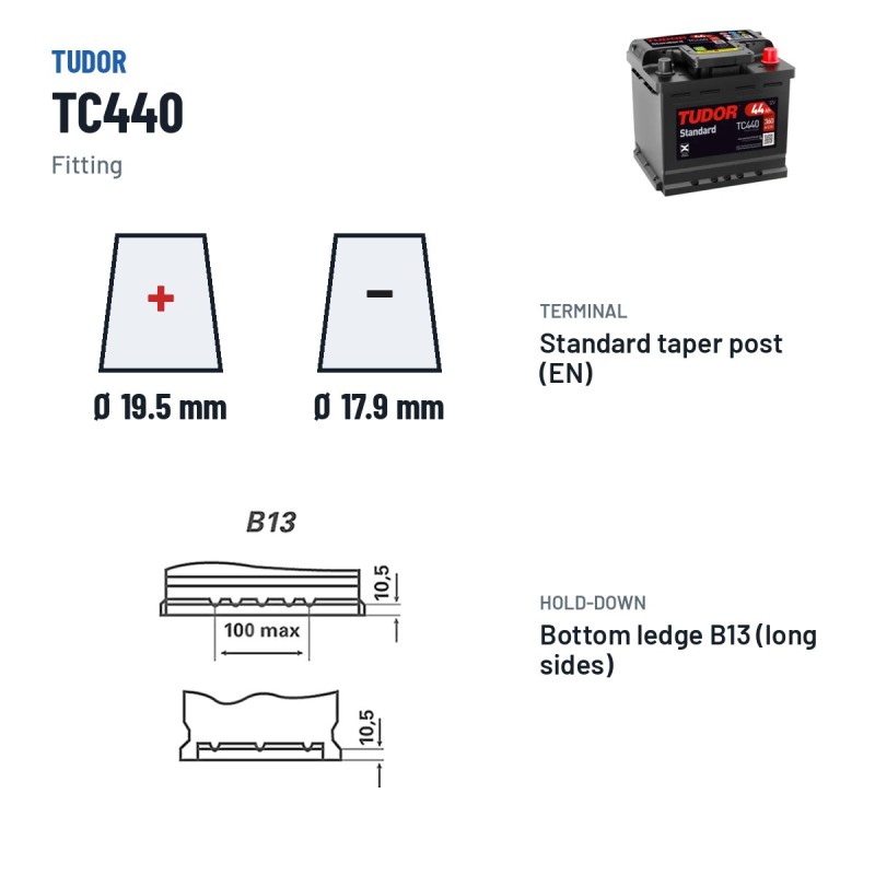 Car battery Tudor TC440 12V 44Ah 360A – terminal and hold-down