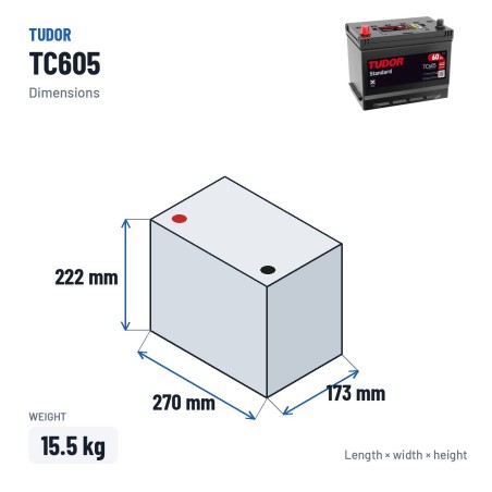 Batteria auto Tudor TC605 12V 60Ah 440A – dimensioni 270 × 173 × 222 mm
