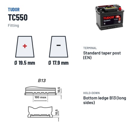 Bateria de carro Tudor TC550 12V 55Ah 460A – terminal e fixação