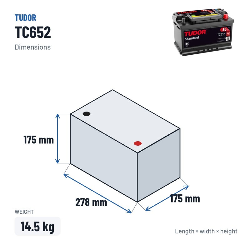 Batteria auto Tudor TC652 12V 65Ah 540A – dimensioni 278 × 175 × 175 mm