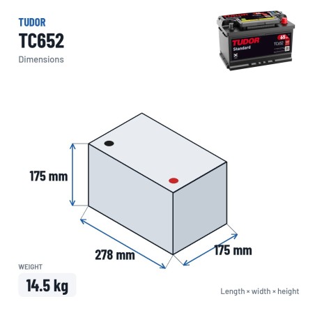 Bateria de carro Tudor TC652 12V 65Ah 540A – medidas 278 × 175 × 175 mm