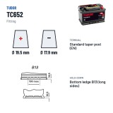 Car battery Tudor TC652 12V 65Ah 540A – terminal and hold-down