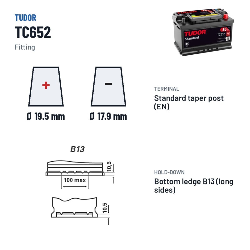 Bateria de carro Tudor TC652 12V 65Ah 540A – terminal e fixação