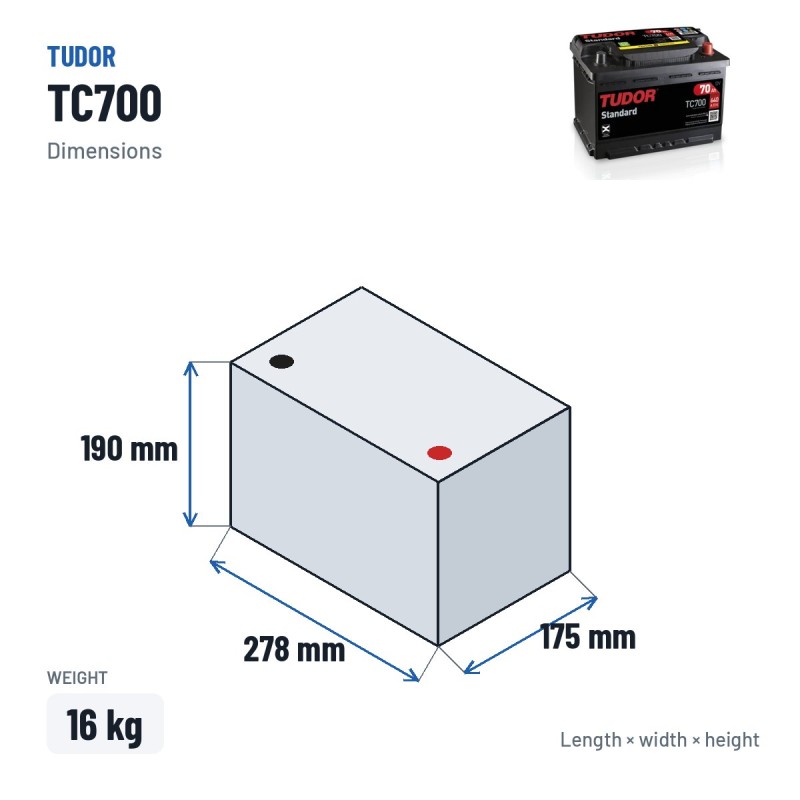 Batteria auto Tudor TC700 12V 70Ah 640A – dimensioni 278 × 175 × 190 mm