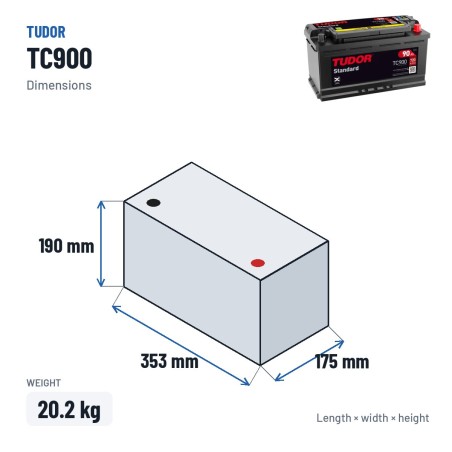 Batteria auto Tudor TC900 12V 90Ah 720A – dimensioni 353 × 175 × 190 mm