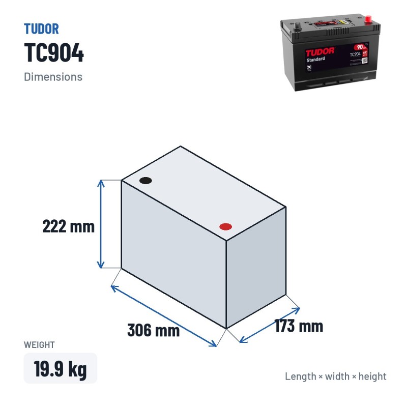 Autobatterie Tudor TC904 12V 90Ah 680A – Abmessungen 306 × 173 × 222 mm