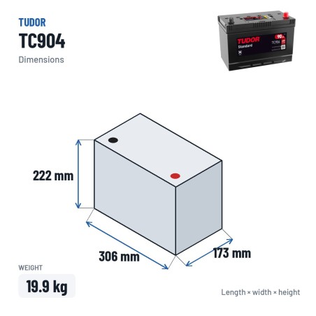 Autobatterie Tudor TC904 12V 90Ah 680A – Abmessungen 306 × 173 × 222 mm