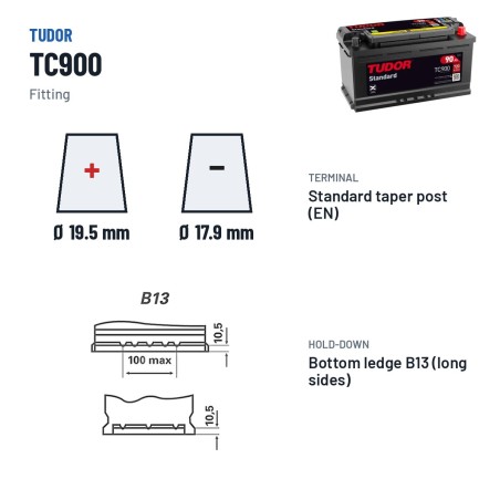 Autobatterie Tudor TC900 12V 90Ah 720A – Pole und Befestigung