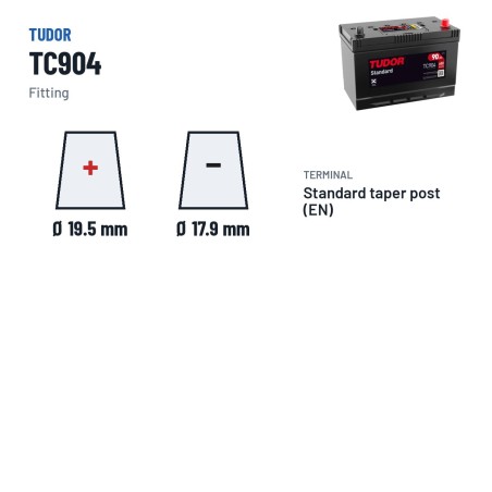 Car battery Tudor TC904 12V 90Ah 680A – terminal and hold-down