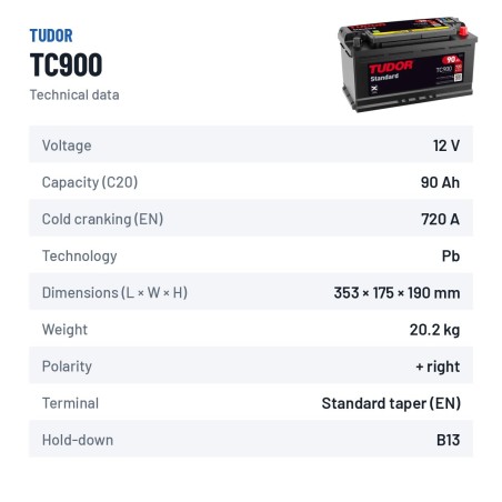 Batteria auto Tudor TC900 12V 90Ah 720A – scheda tecnica