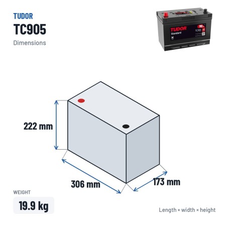 Batería de coche Tudor TC905 12V 90Ah 680A – medidas 306 × 173 × 222 mm