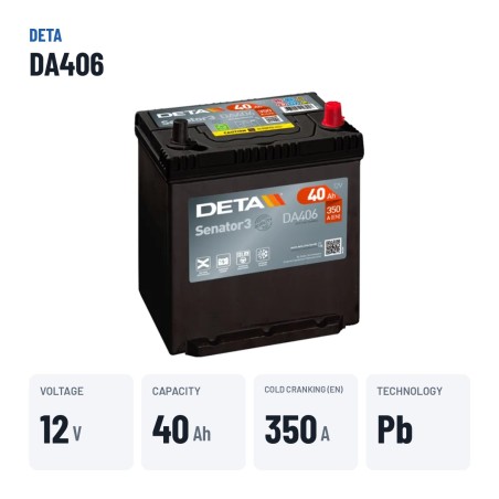 Batterie voiture Deta DA406 12V 40Ah 350A – caractéristiques clés