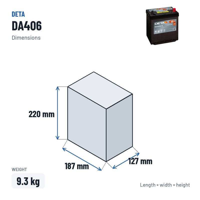 Batterie voiture Deta DA406 12V 40Ah 350A – dimensions 187 × 127 × 220 mm