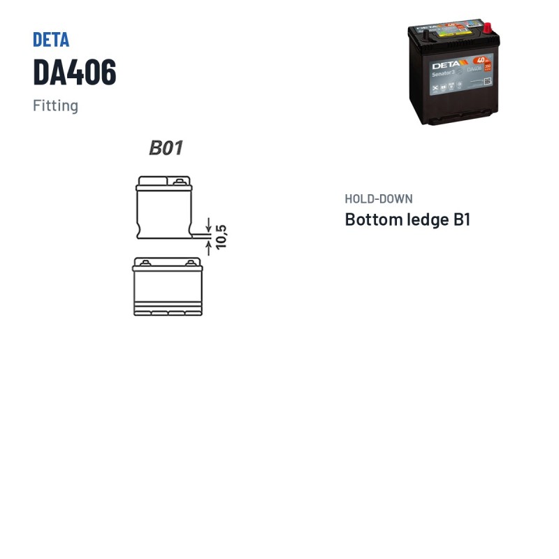 Batterie voiture Deta DA406 12V 40Ah 350A – bornes et fixation