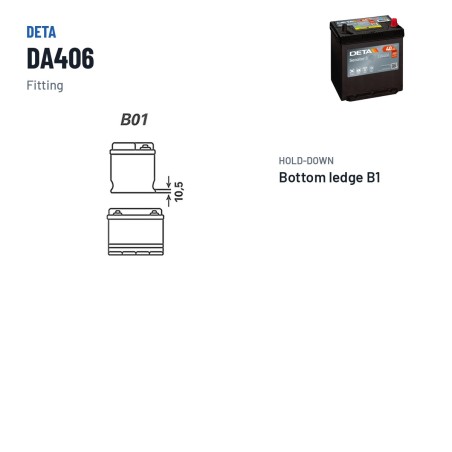 Batterie voiture Deta DA406 12V 40Ah 350A – bornes et fixation