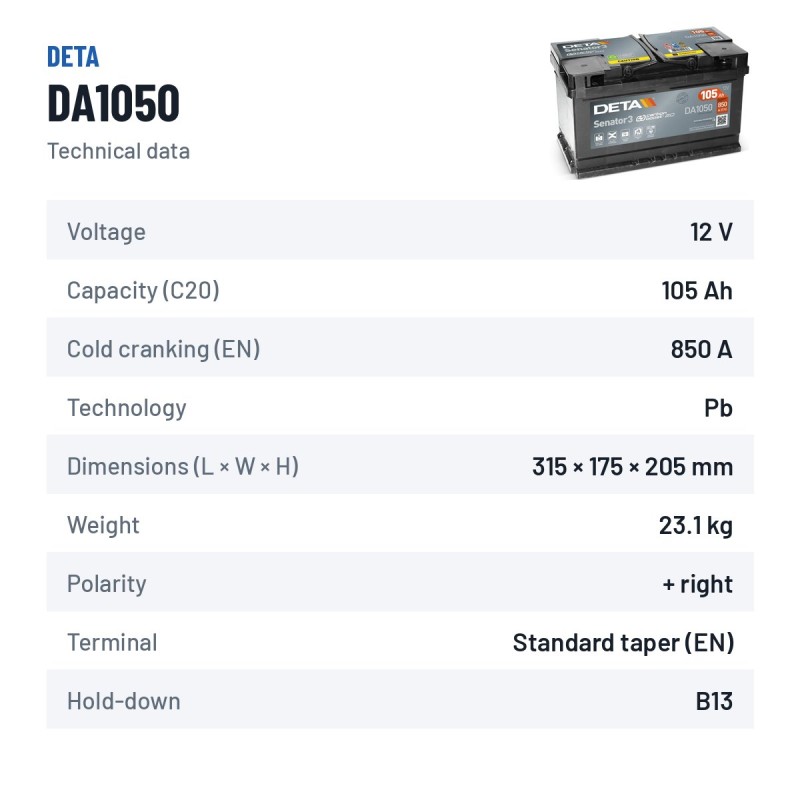Car battery Deta DA1050 12V 105Ah 850A – technical data