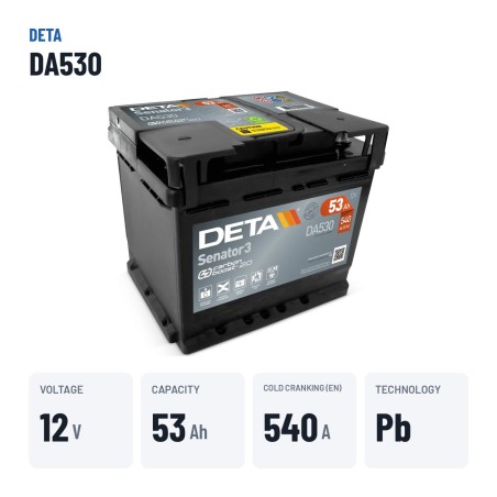 Car battery Deta DA530 12V 53Ah 540A – key specs