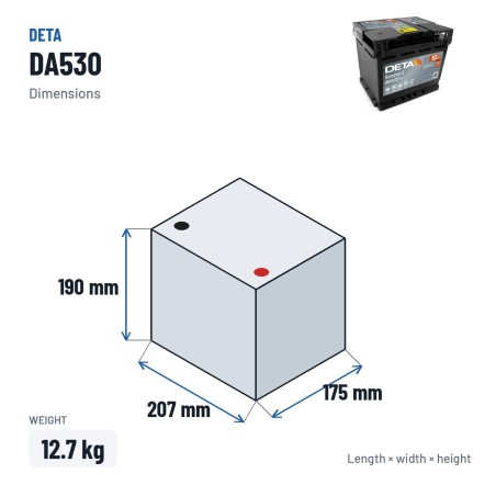 Car battery Deta DA530 12V 53Ah 540A – dimensions 207 × 175 × 190 mm