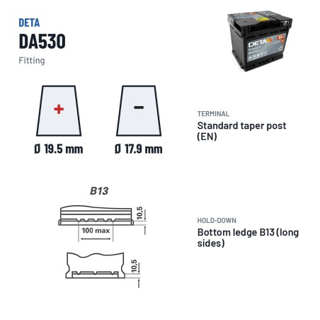 Batterie voiture Deta DA530 12V 53Ah 540A | baterias.com