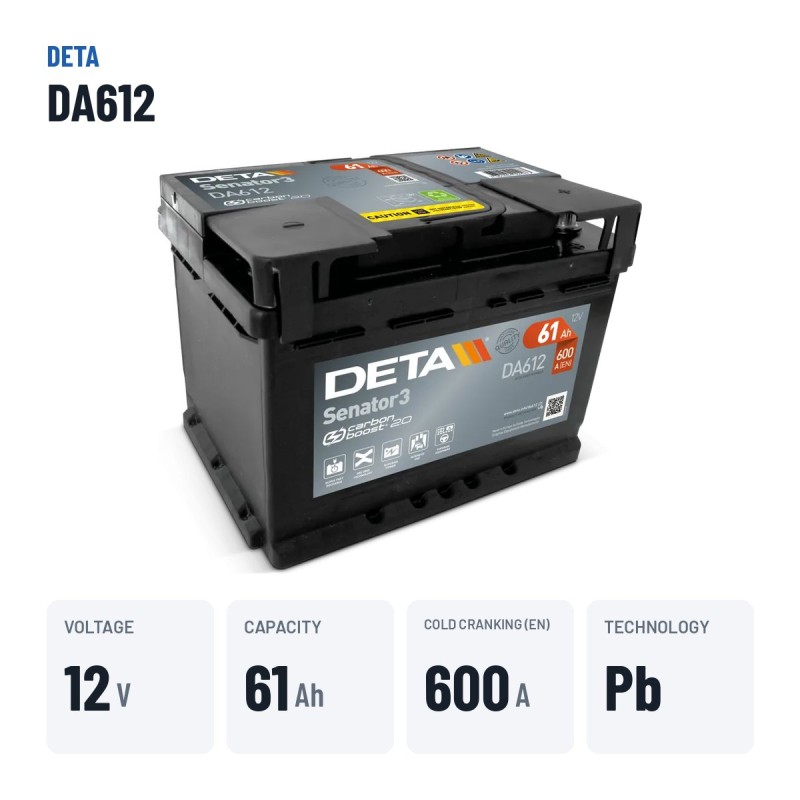 Batería de coche Deta DA612 12V 61Ah 600A – datos clave