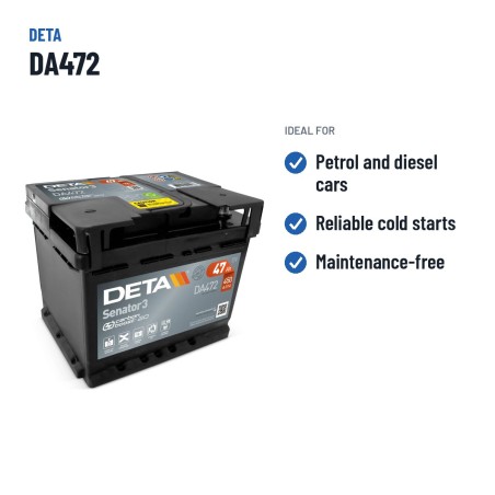 Car battery Deta DA472 12V 47Ah 450A – recommended uses