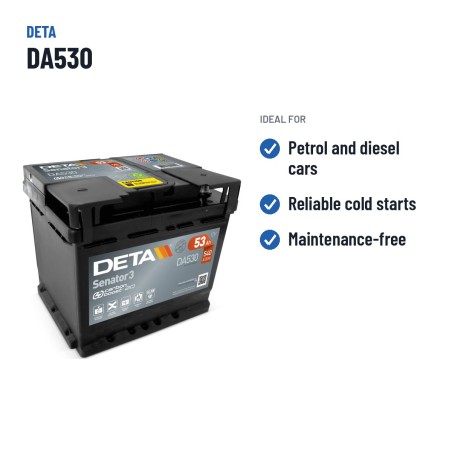 Car battery Deta DA530 12V 53Ah 540A – recommended uses