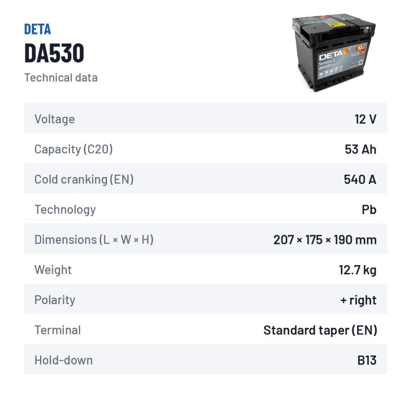 Batterie voiture Deta DA530 12V 53Ah 540A | baterias.com