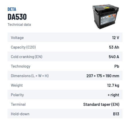 Car battery Deta DA530 12V 53Ah 540A – technical data