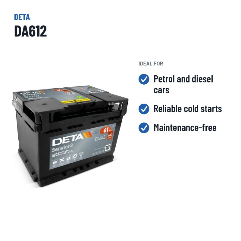 Batería de coche Deta DA612 12V 61Ah 600A – usos recomendados