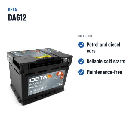 Batterie voiture Deta DA612 12V 61Ah 600A – utilisations recommandées
