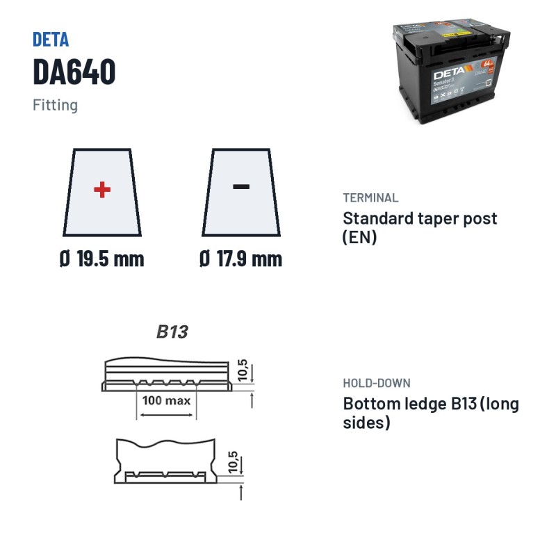 Batteria auto Deta DA640 12V 64Ah 640A | baterias.com