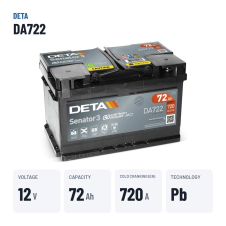 Bateria de carro Deta DA722 12V 72Ah 720A – dados principais