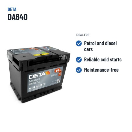 Batteria auto Deta DA640 12V 64Ah 640A | baterias.com
