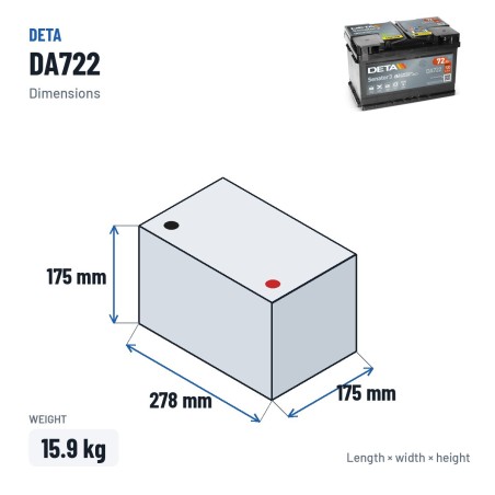 Bateria de carro Deta DA722 12V 72Ah 720A – medidas 278 × 175 × 175 mm