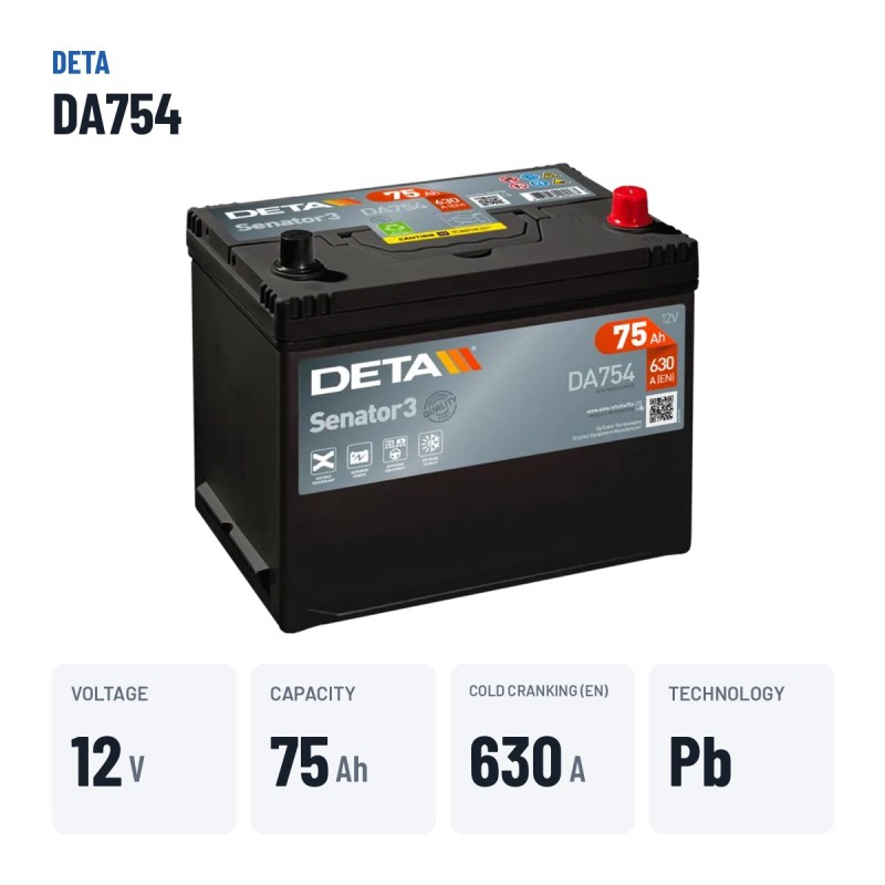 Autobatterie Deta DA754 12V 75Ah 630A | baterias.com