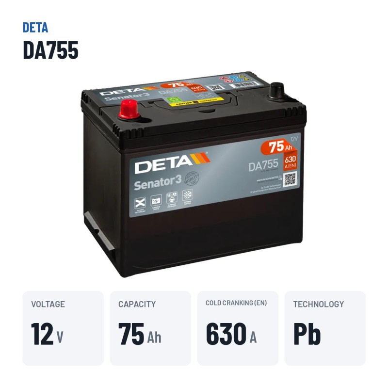 Batteria auto Deta DA755 12V 75Ah 630A | baterias.com