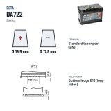 Bateria de carro Deta DA722 12V 72Ah 720A – terminal e fixação